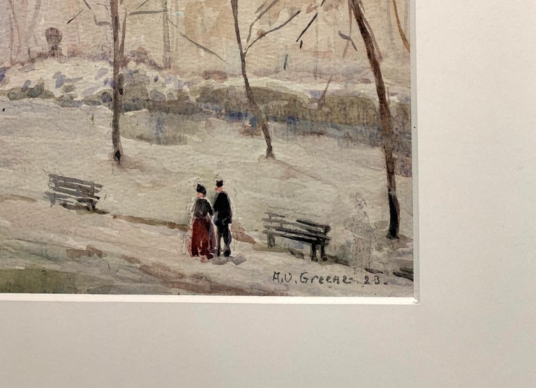 Central Park, American Impressionist Winter Cityscape, Watercolor on Paper, 1923 - Brown Landscape Art by Albert Van Nesse Greene