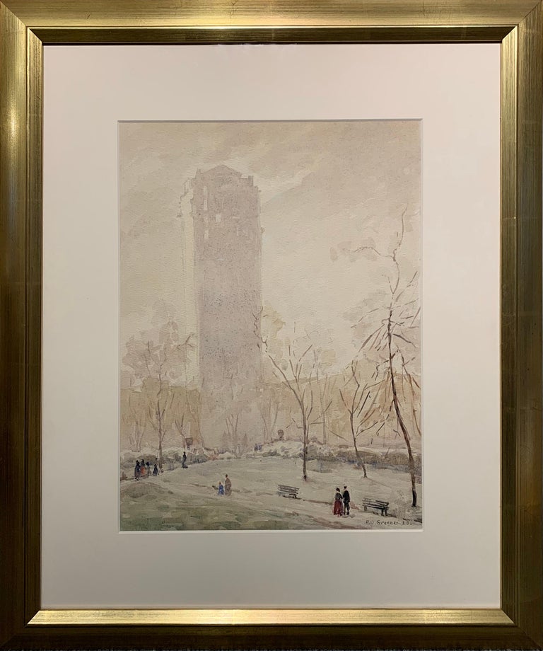 Central Park, American Impressionist Winter Cityscape, Watercolor on Paper, 1923 - Art by Albert Van Nesse Greene