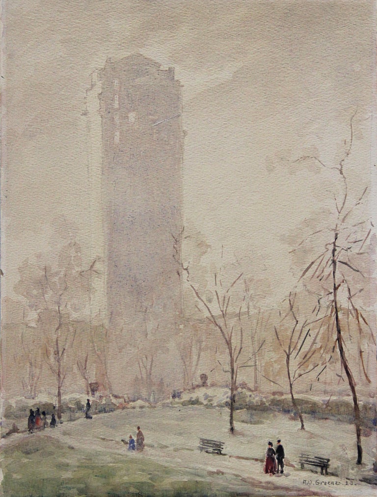 Albert Van Nesse Greene Landscape Art - Central Park, American Impressionist Winter Cityscape, Watercolor on Paper, 1923