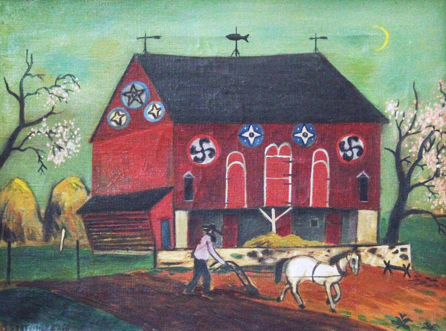 David Ellinger Landscape Painting - Spring Plowing, Folk Art Landscape with Figure, Pennsylvania Dutch Farm Scene