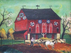 Spring Plowing, Folk Art Landscape with Figure, Pennsylvania Dutch Farm Scene