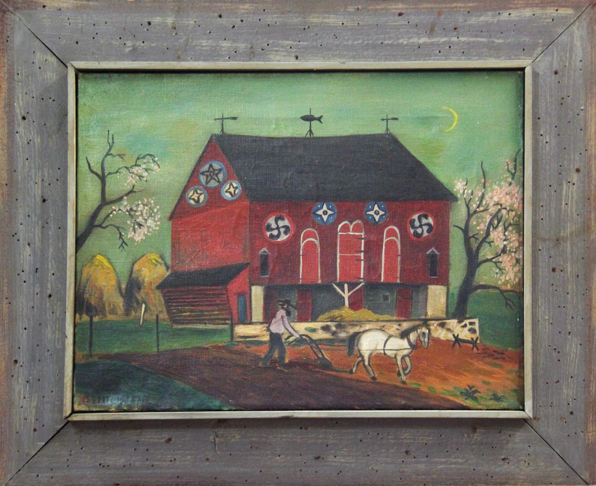 Spring Plowing, Folk Art Landscape with Figure, Pennsylvania Dutch Farm Scene - Painting by David Ellinger