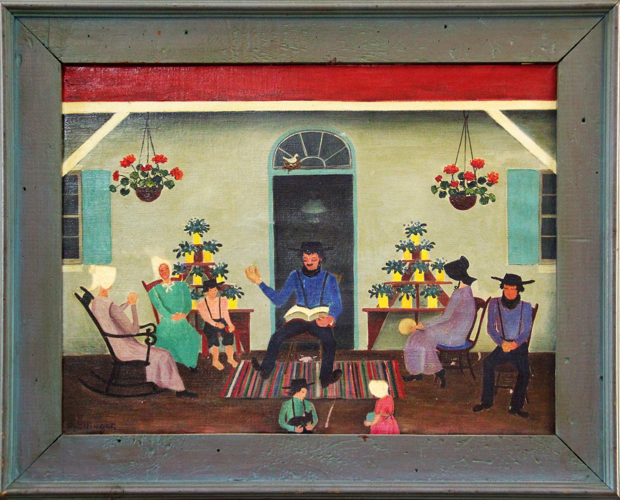 Day of Rest, Folk Art Family Scene, Pennsylvania Dutch, Amish Interior  - Painting by David Ellinger