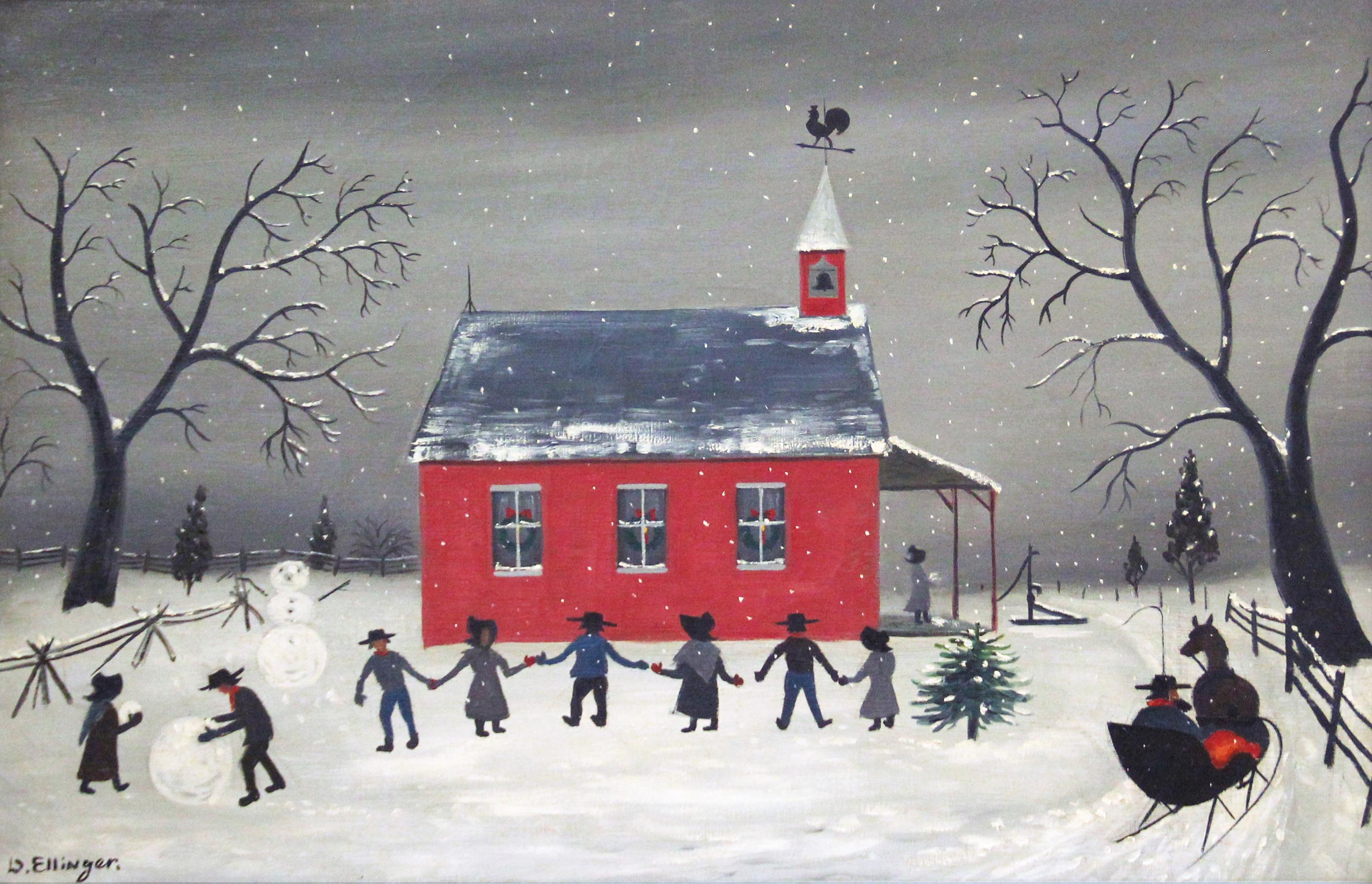 Amish School, Folk Winter Landscape with Children at Play, Pennsylvania Dutch