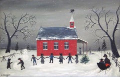 Amish School, Folk Winter Landscape with Children at Play, Pennsylvania Dutch