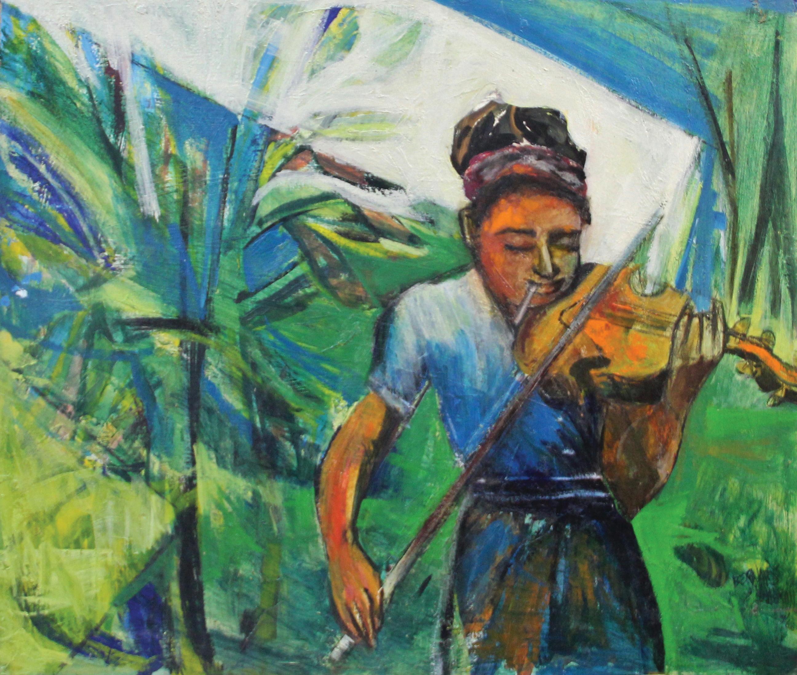 Jazz, Portrait of Woman with Violin, Oil on Board, African American Art