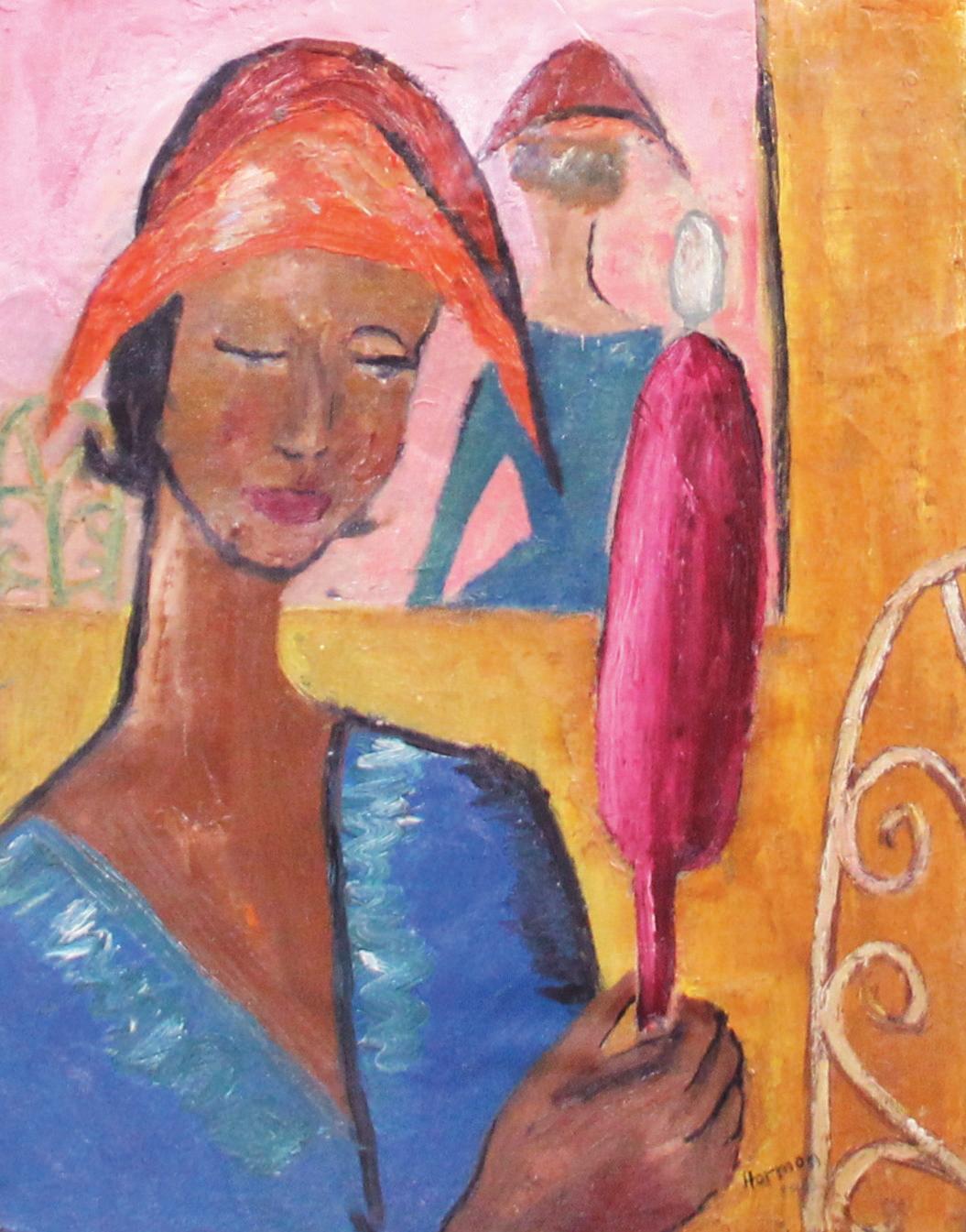 New Hat, Expressionist Portrait of Woman by Philadelphia Artist - Painting by Bernard Harmon