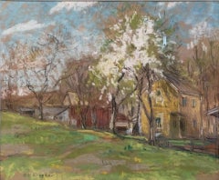 Landlandschaft mit Häusern und weißem Baum, amerikanischer Impressionist, Pastell auf Papier