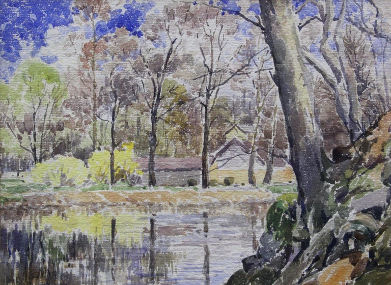 Forsythia, American Impressionist Spring Landscape, Watercolor on Paper - Art by Albert Van Nesse Greene