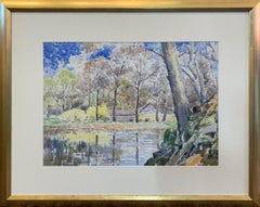 Forsythia, American Impressionist Spring Landscape, Watercolor on Paper