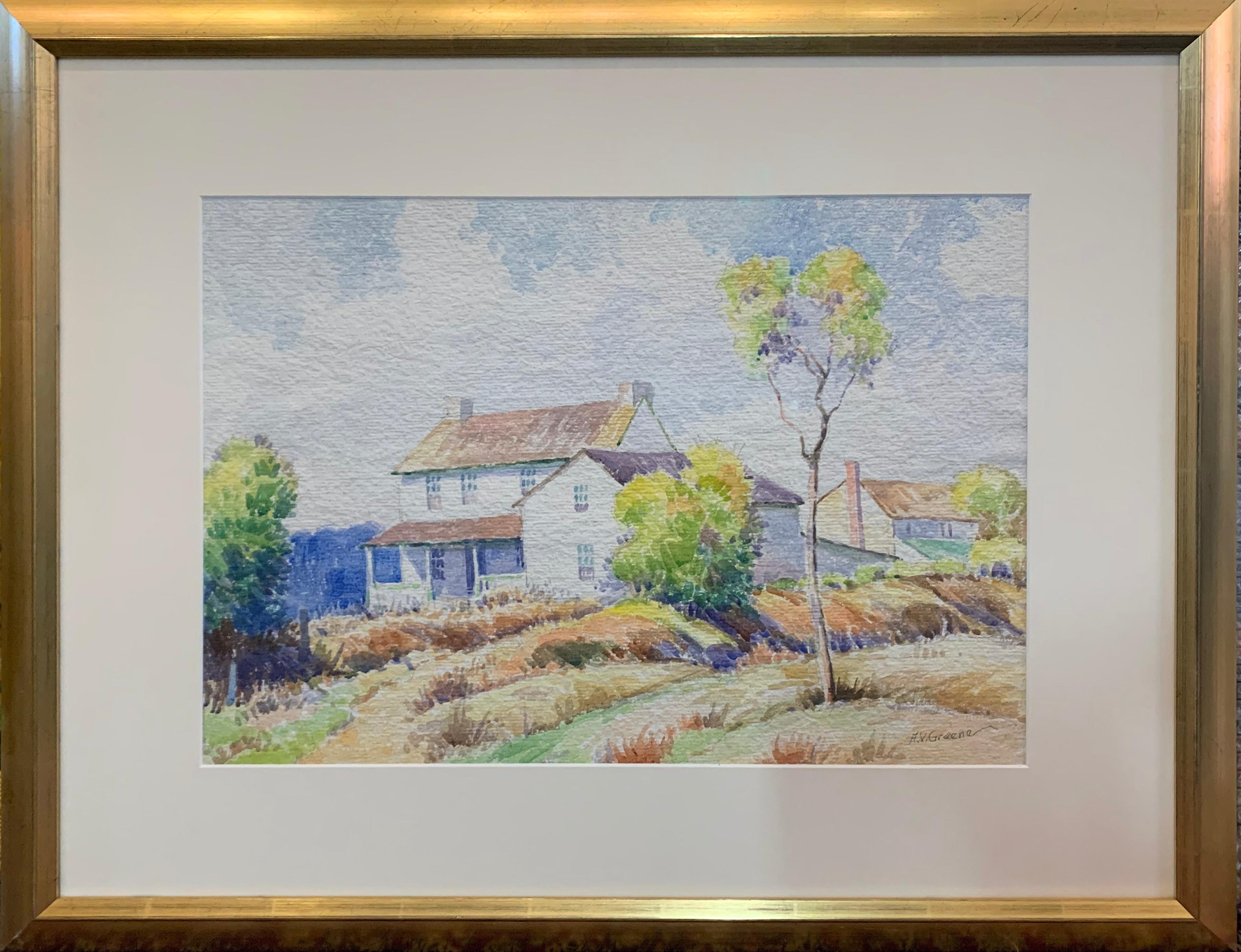 Pennsylvania Farmhouse, American Impressionist Landscape, Watercolor on Paper
