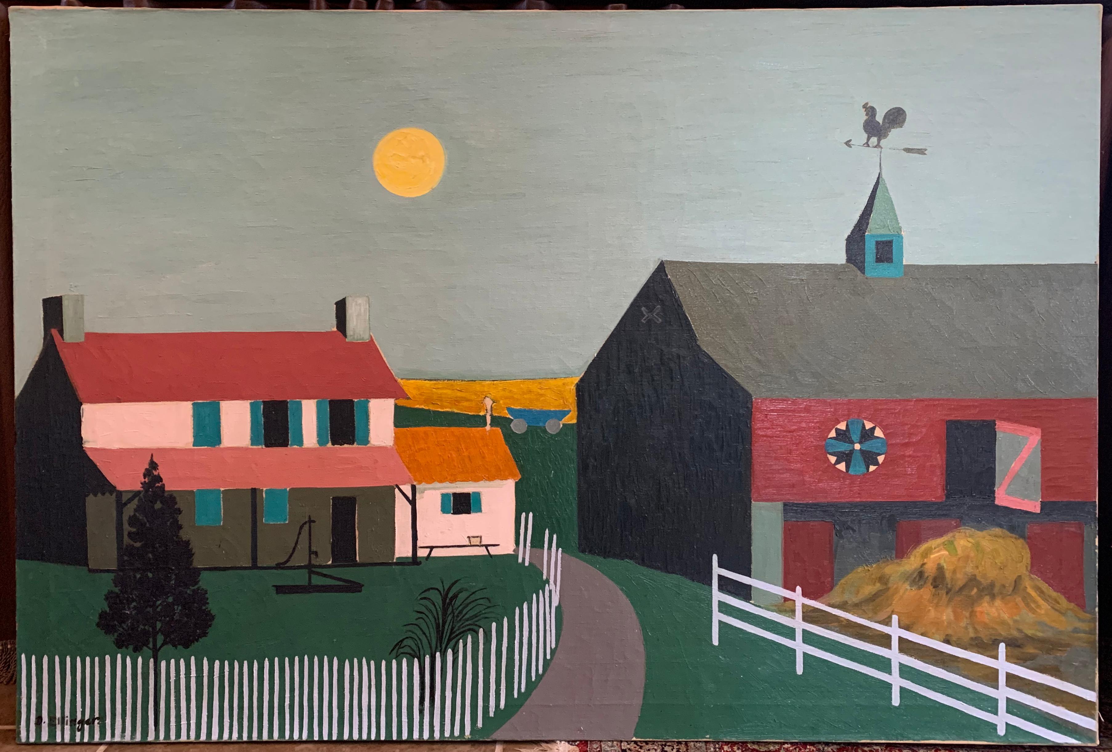 David Ellinger Landscape Painting - Harvest Sky, Folk Art Landscape with House and Barn , Pennsylvania Dutch Style
