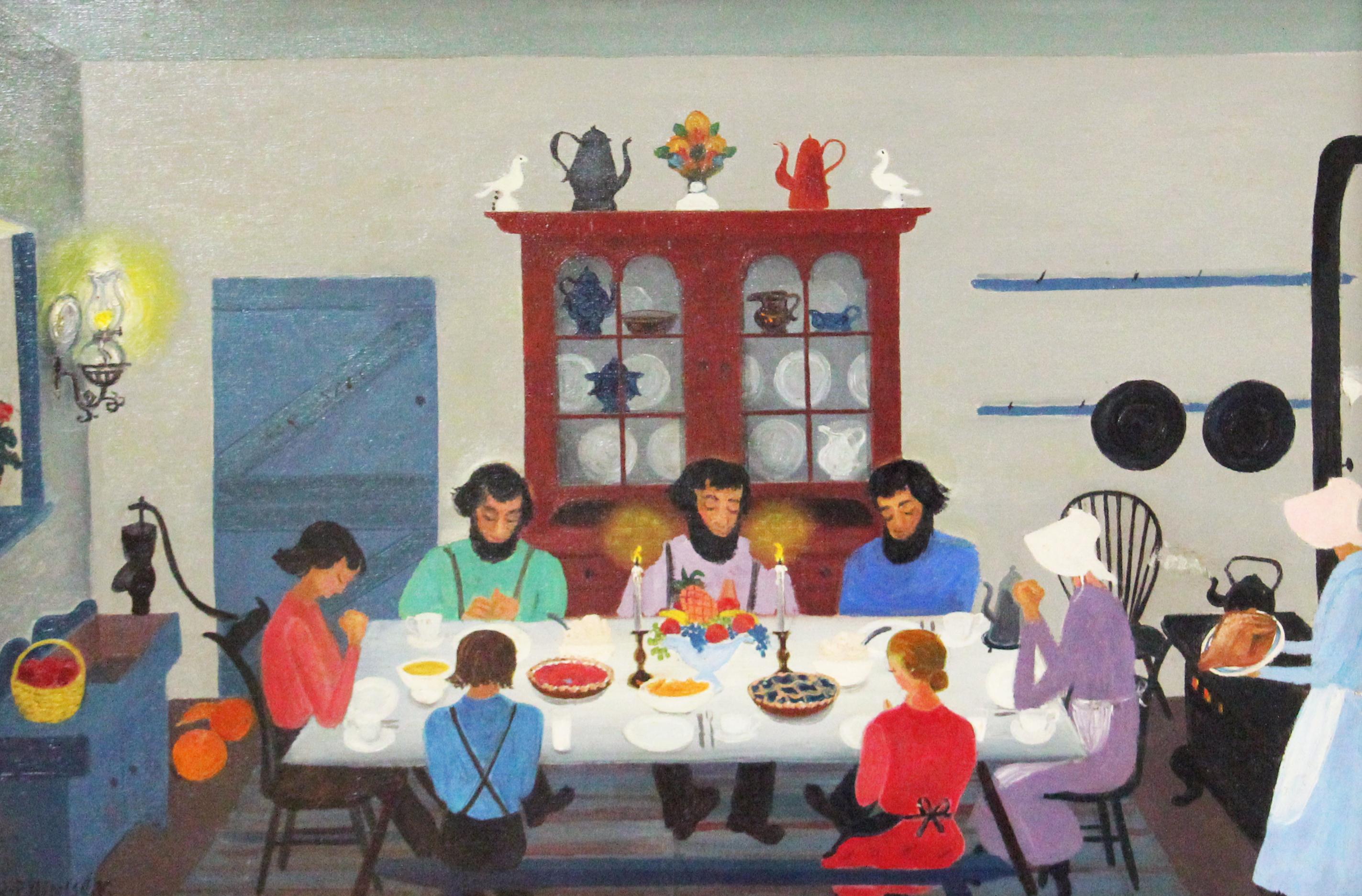 David Ellinger Figurative Painting - Love Feast, Folk Art Family Scene, Amish Farm Life in Pennsylvania Dutch Style