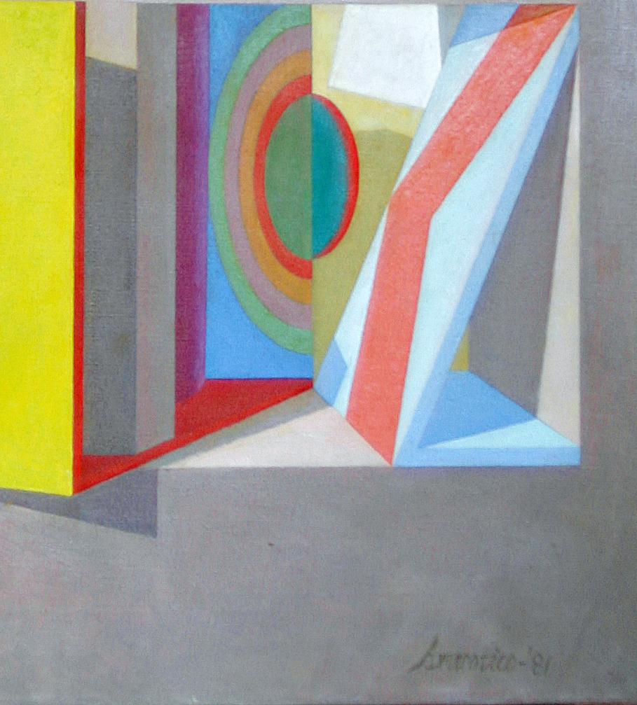 Architektonische Fantasien, Abstrakte geometrische Formen in Farbe, Acryl, 1981 (Geometrische Abstraktion), Painting, von Joseph Amarotico