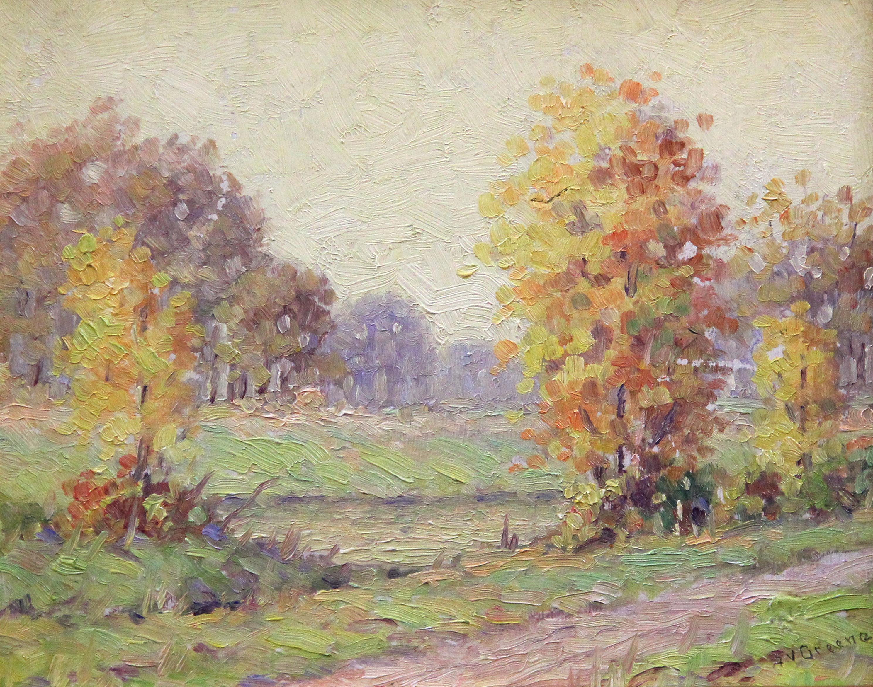 Autunno sul canale, Paesaggio impressionista americano,  Olio su tavola, firmato - Painting di Albert Van Nesse Greene