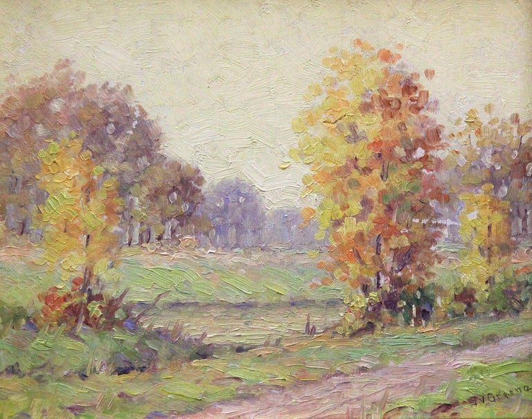 Autumn on Canal, American Impressionist Landscape,  Oil on Board, Signed  - Painting by Albert Van Nesse Greene