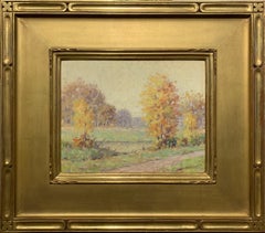 Autumn on Canal, American Impressionist Landscape,  Oil on Board, Signed