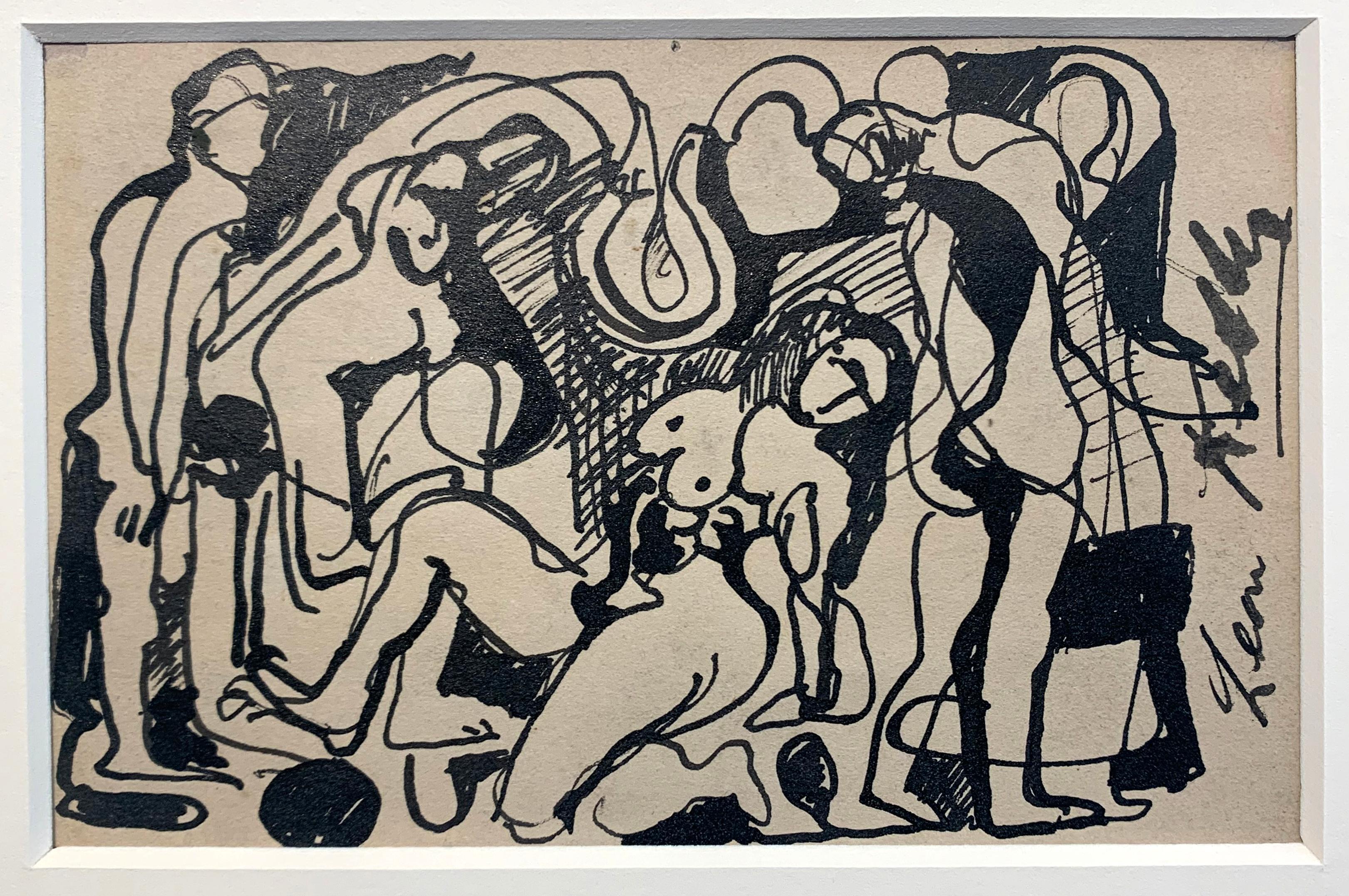 Group of Nudes, Cubist Style Figurative Drawing, Ink on Paper, Signed - Art by Leon Kelly