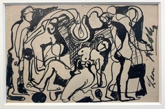 Group of Nudes, Cubist Style Figurative Drawing, Ink on Paper, Signed