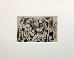 Group of Nudes, Cubist Style Figurative Drawing, Ink on Paper, Signed