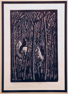 Riding, Etching of Landscape with Two Horsemen, Signed and Titled, Woodcut