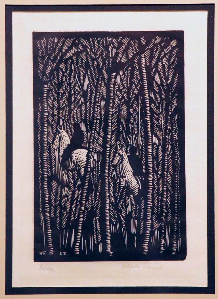 Wharton Esherick Landscape Print - Riding, Etching of Landscape with Two Horsemen, Signed and Titled, Woodcut