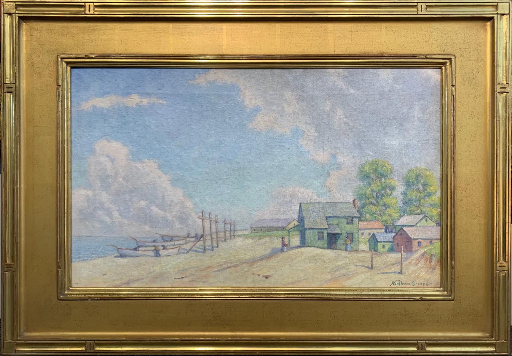 Albert Van Nesse Greene Landscape Painting - Figures, Boats, and House - Cape May Point, NJ, Impressionist Beach Scene, 1940s