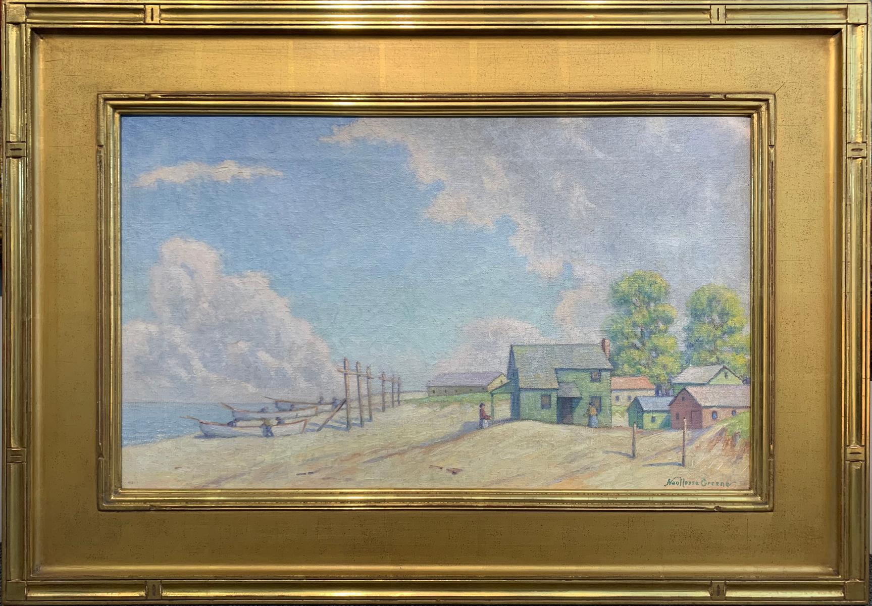 Figure, barche e casa - Cape May Point, NJ, scena impressionista sulla spiaggia, anni '40