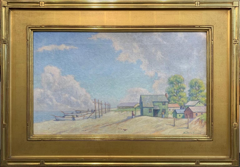 Albert Van Nesse Greene Landscape Painting - Figures, Boats, and House - Cape May Point, NJ, Impressionist Beach Scene, 1940s