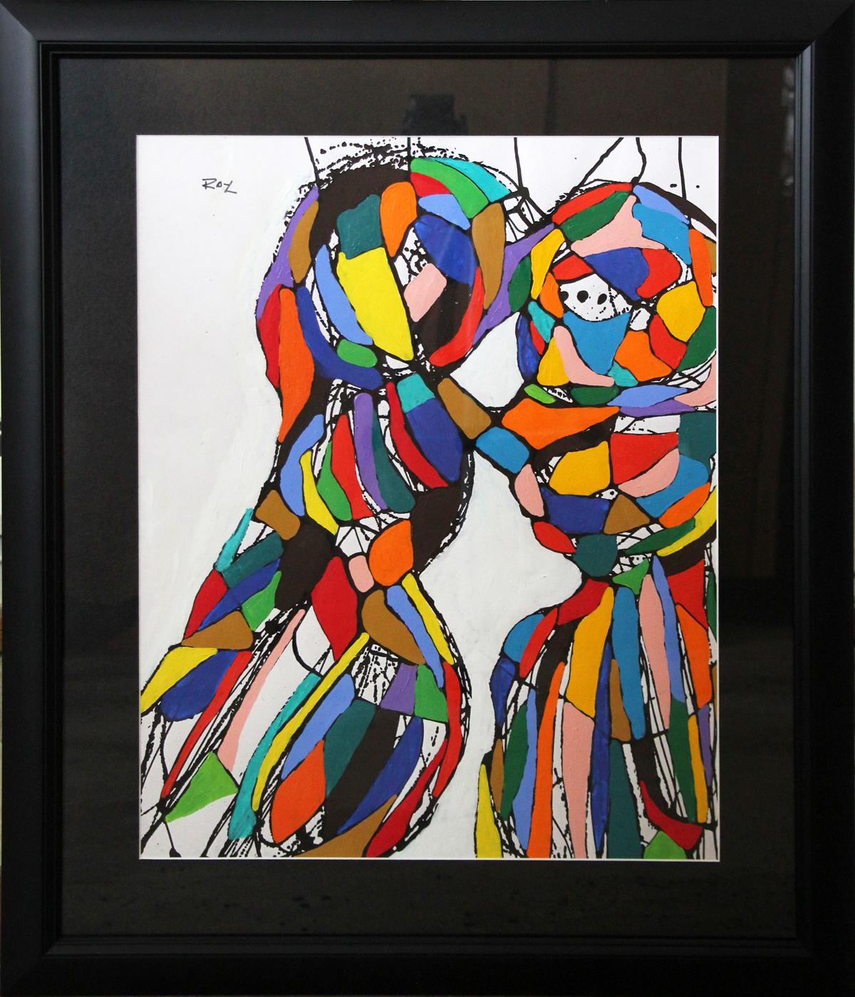 Ray Leight Figurative Painting - The Kiss, Figurative Abstraction, Acrylic on Paper, Modernist Abstract, 1995