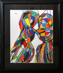 « The Kiss », abstraction figurative, acrylique sur papier, abstrait moderniste, 1995
