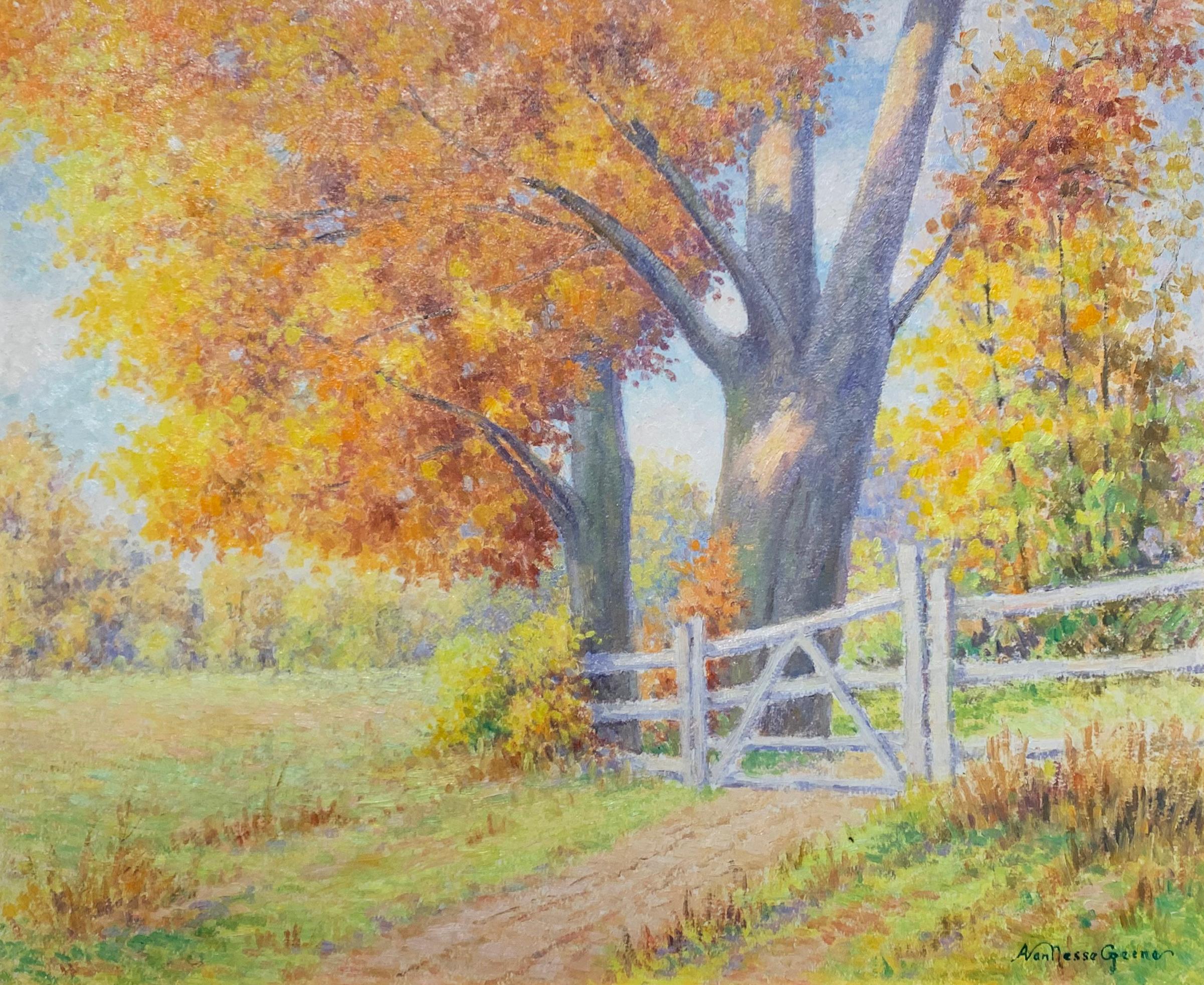 Golden Maple, American Impressionist Landscape, Signed and Framed, Oil on Board - Painting by Albert Van Nesse Greene