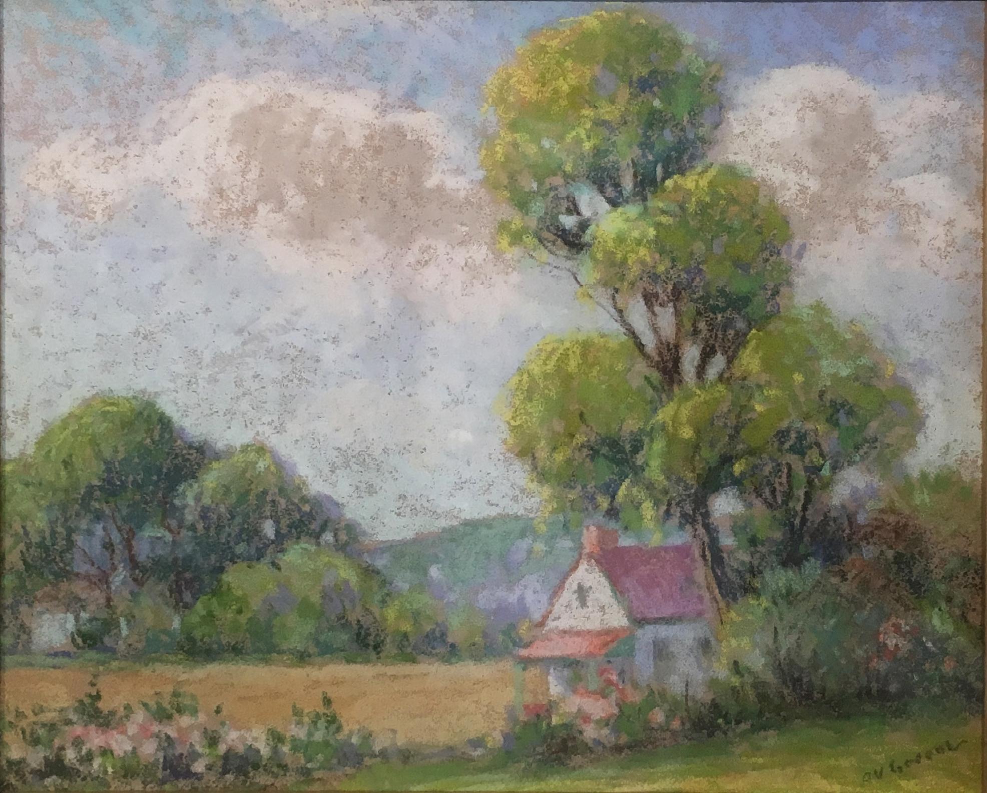 Houses in Summer, New Hope, American Impressionist Landscape, Pastel on Paper - Painting by Albert Van Nesse Greene