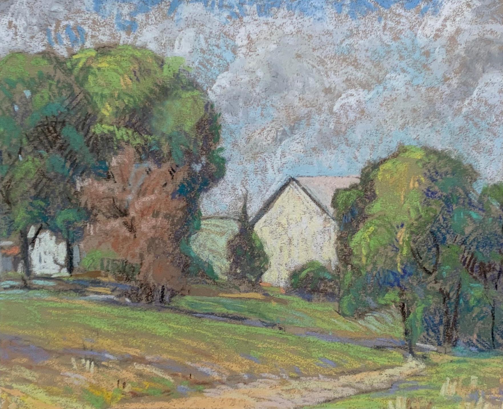 Spring Barn, American Impressionist Landscape, Pastel on Paper - Painting by Albert Van Nesse Greene