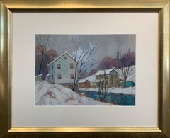 Winter Homes Creek Side, American Impressionist Winter Snow Landscape