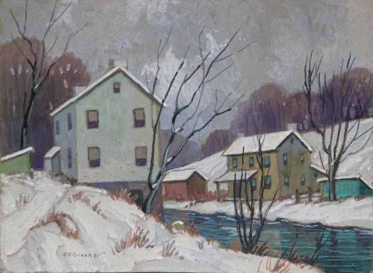 Winter Homes Creek Side, American Impressionist Winter Snow Landscape - Painting by Albert Van Nesse Greene