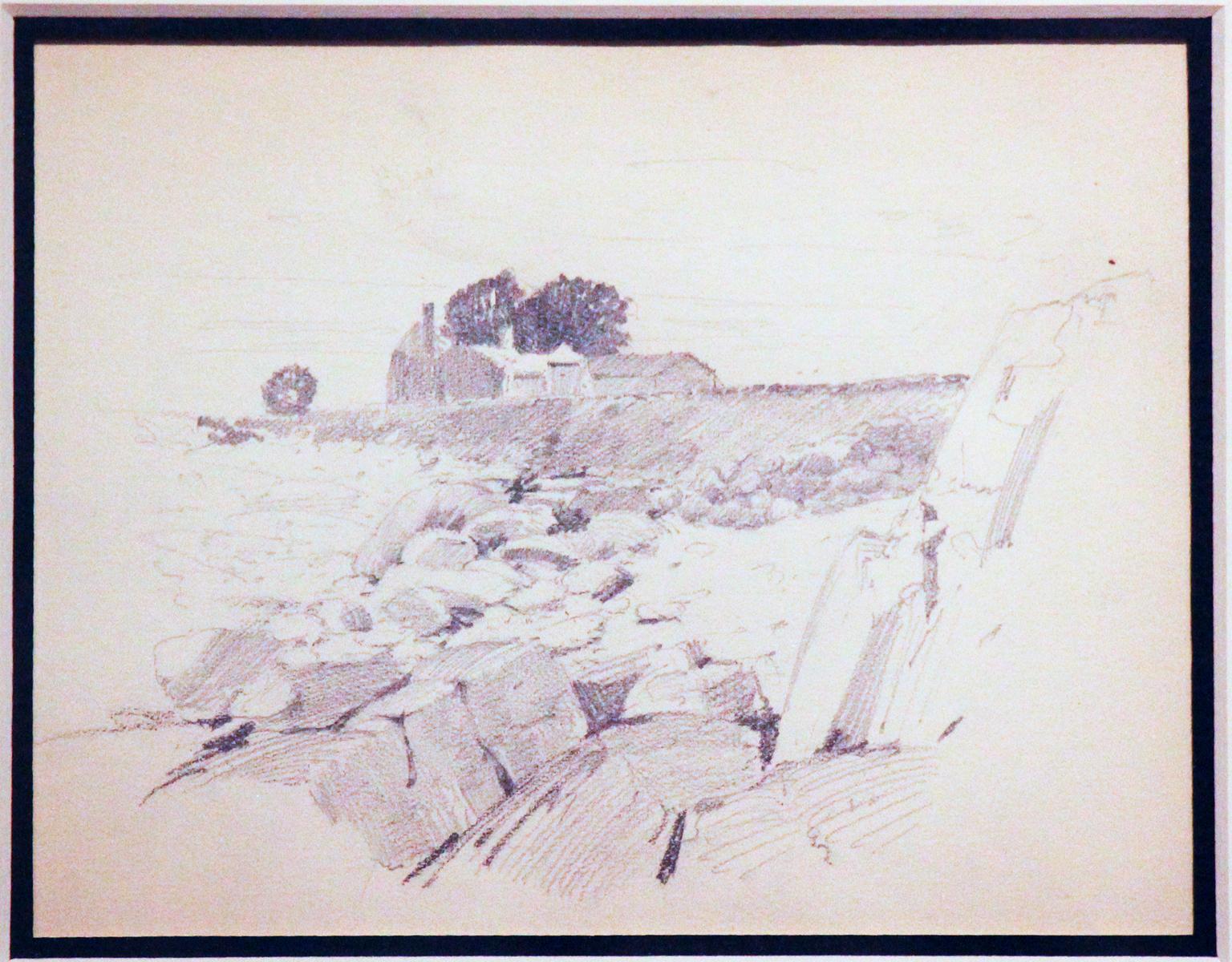 Rocks and Farmhouse, American Impressionist, Miniature Pencil Drawing, 1899 - Art by Henry Bayley Snell