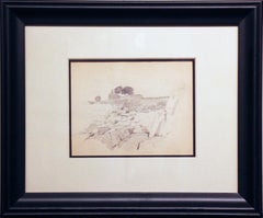 Rocks and Farmhouse, American Impressionist, Miniature Pencil Drawing, 1899