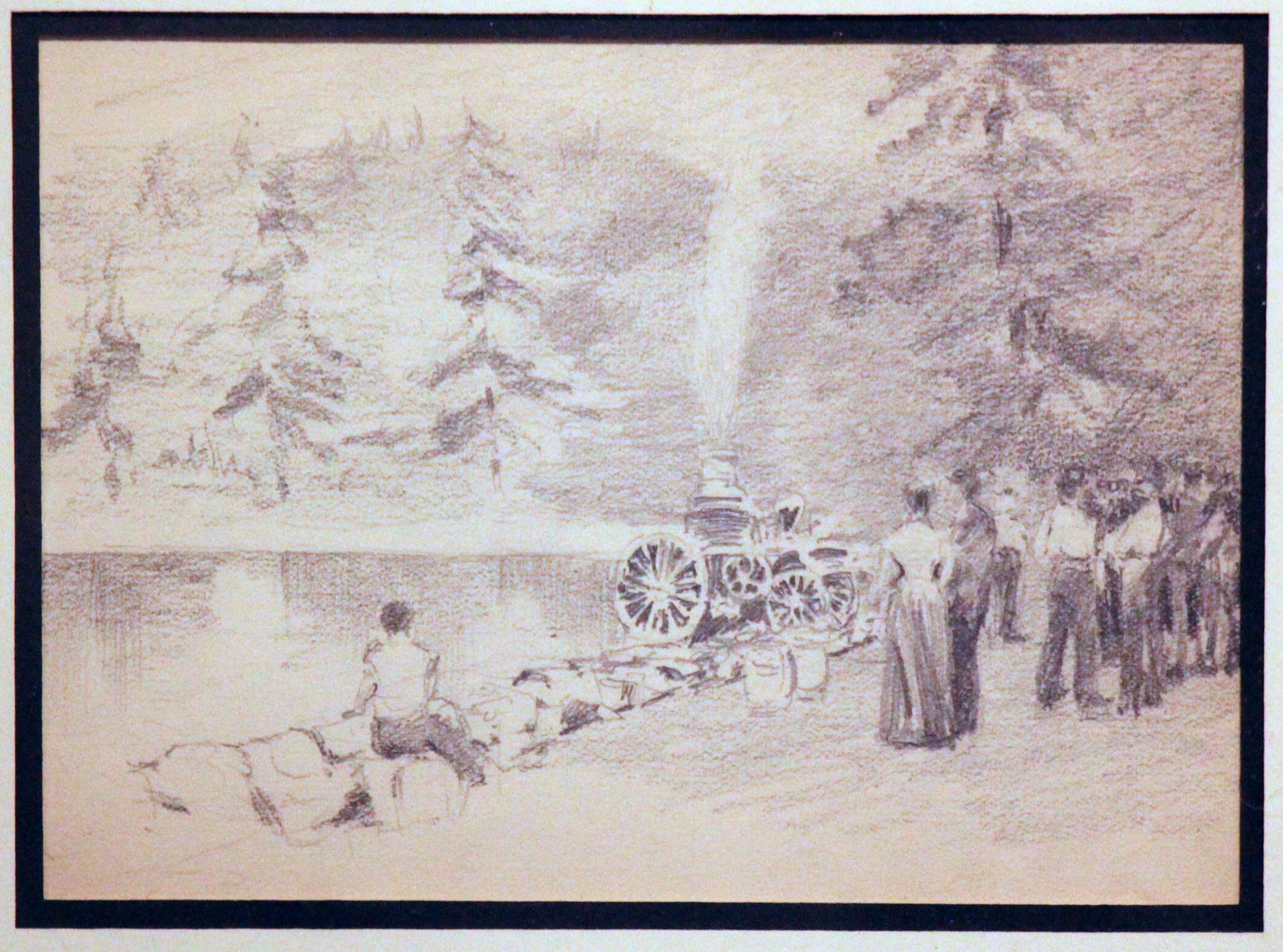 Figures and Firetruck, American Impressionist, Miniature Pencil Drawing, 1899 - Art by Henry Bayley Snell