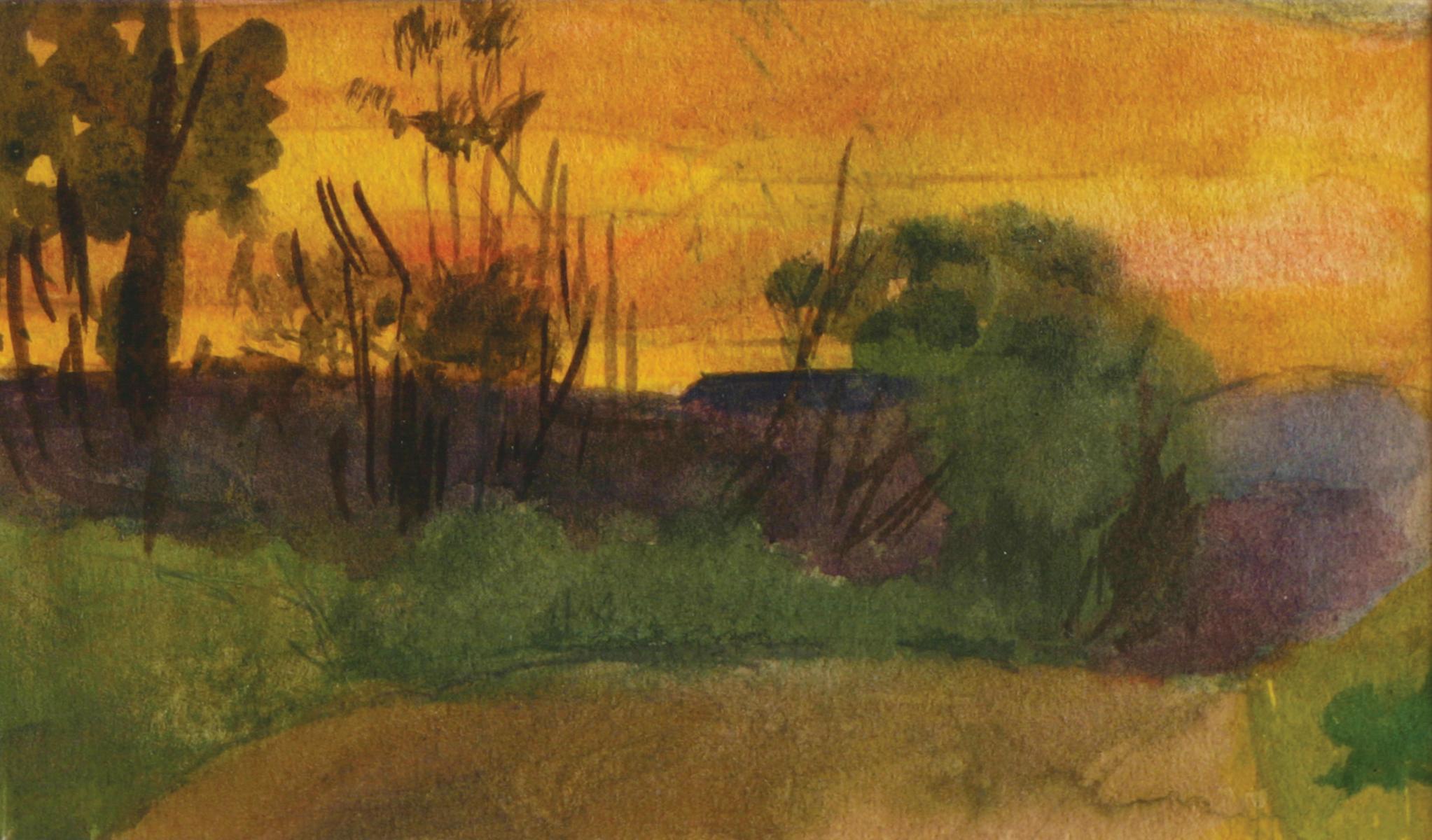 Henry Bayley Snell Landscape Art - Sunset Landscape, American Impressionist, Miniature Watercolor Painting, 1899