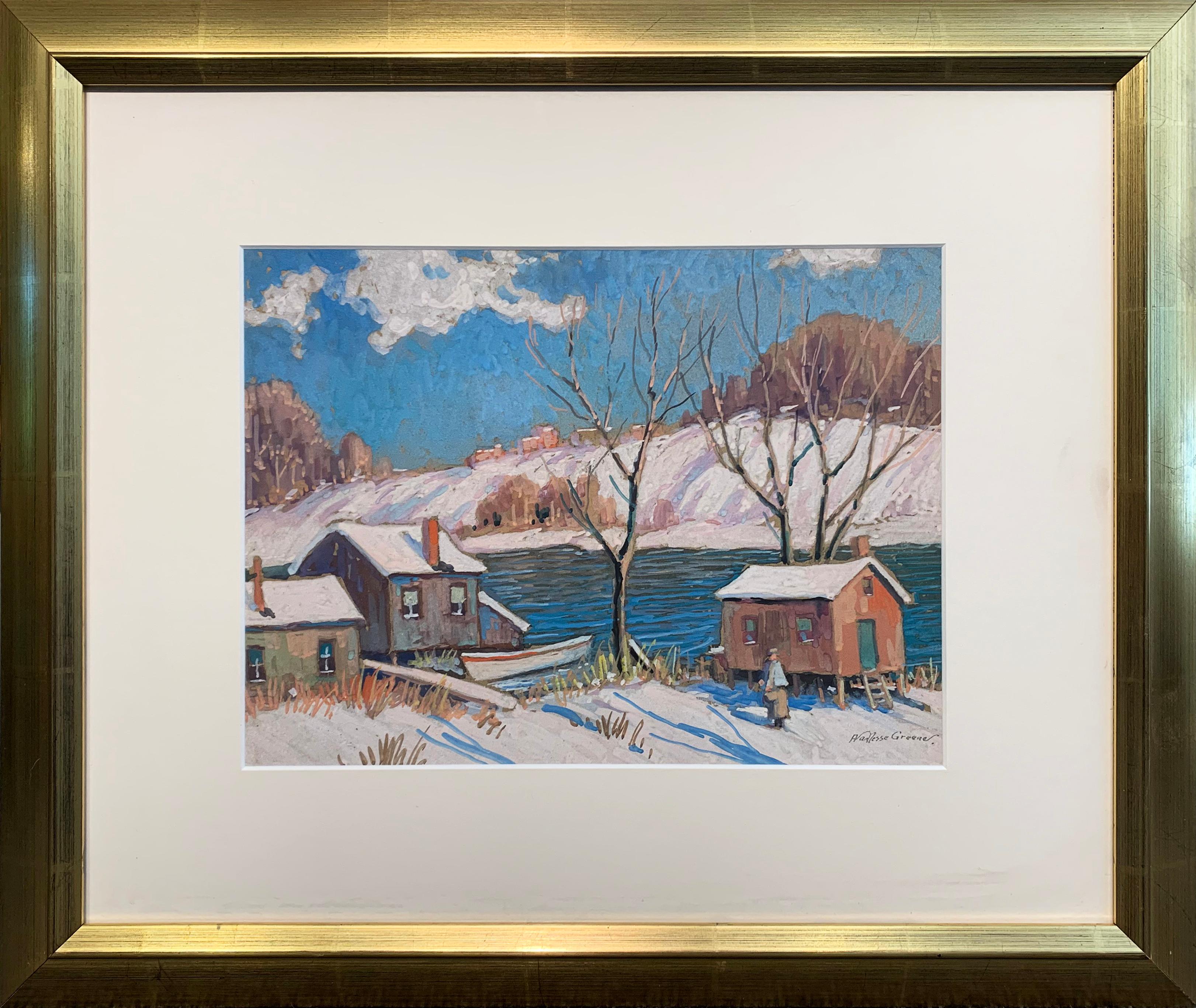 River Cabin, Winter, American Impressionist snow Landscape, Signed and Framed