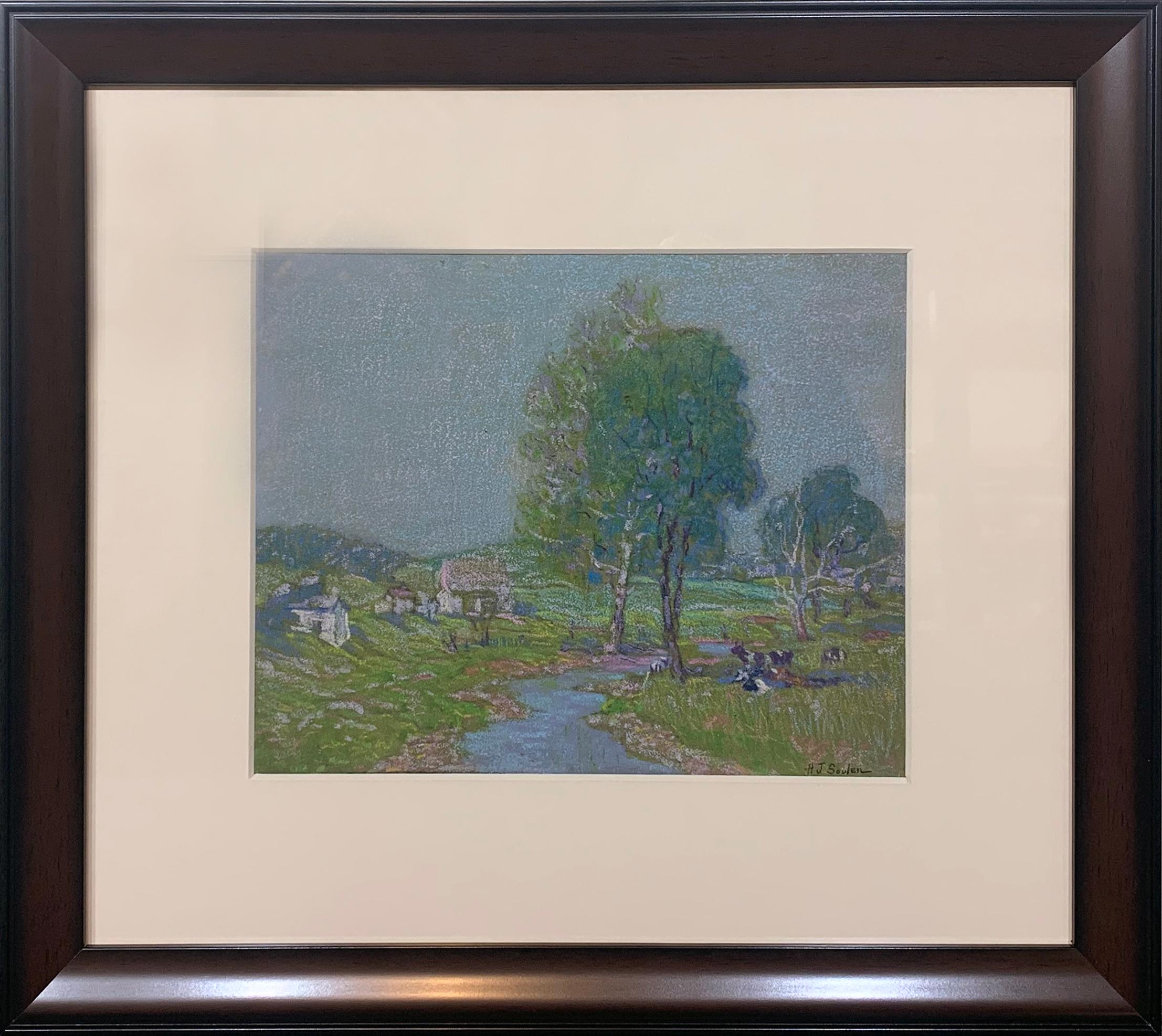 Landscape with Cows and Homes by a Stream, Pastel on Paper, Original Art