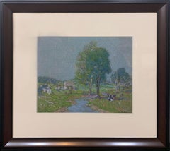 Retro Landscape with Cows and Homes by a Stream, Pastel on Paper, Original Art