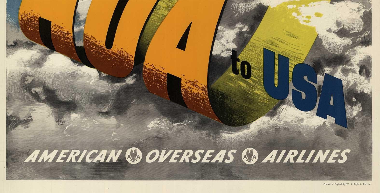 AOA nach USA American Overseas Airlines original vintage poster (Art déco), Print, von Jan Lewitt
