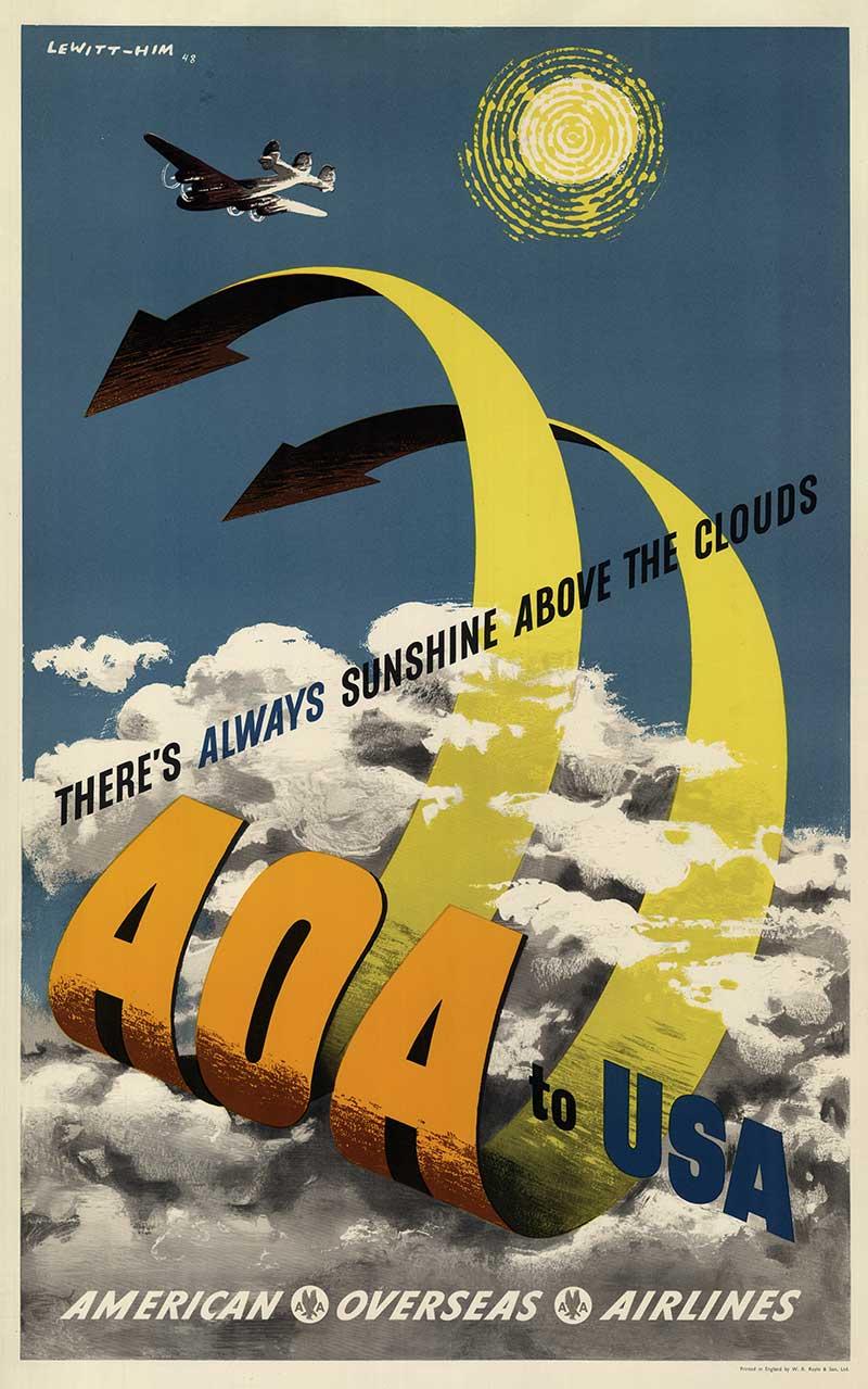 AOA nach USA American Overseas Airlines original vintage poster – Print von Jan Lewitt