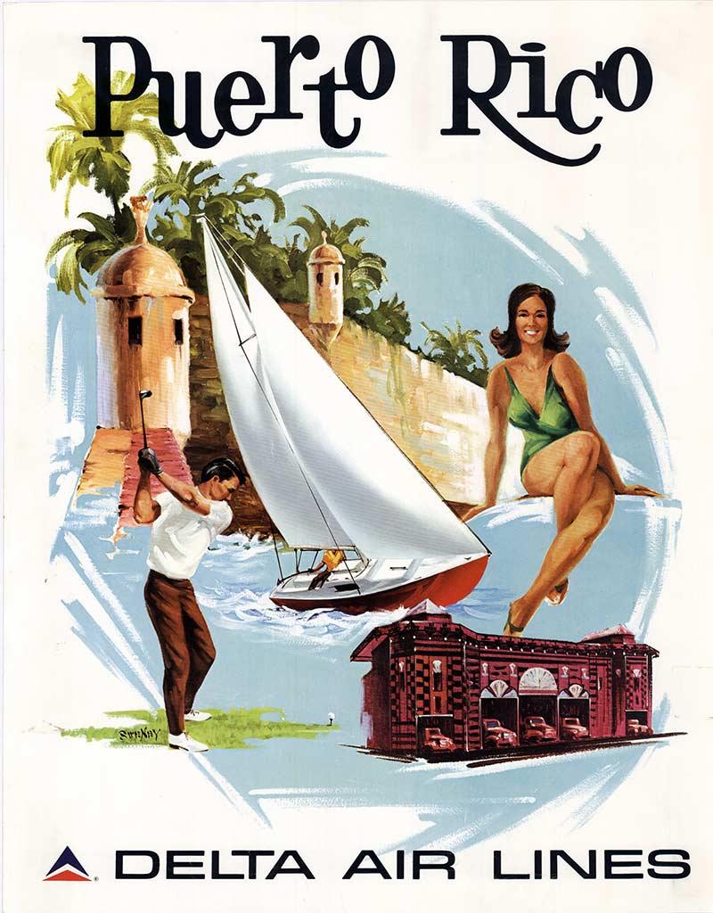 Puerto Rico Delta Air Lines original vintage travel poster - Art by Frederick Sweeney
