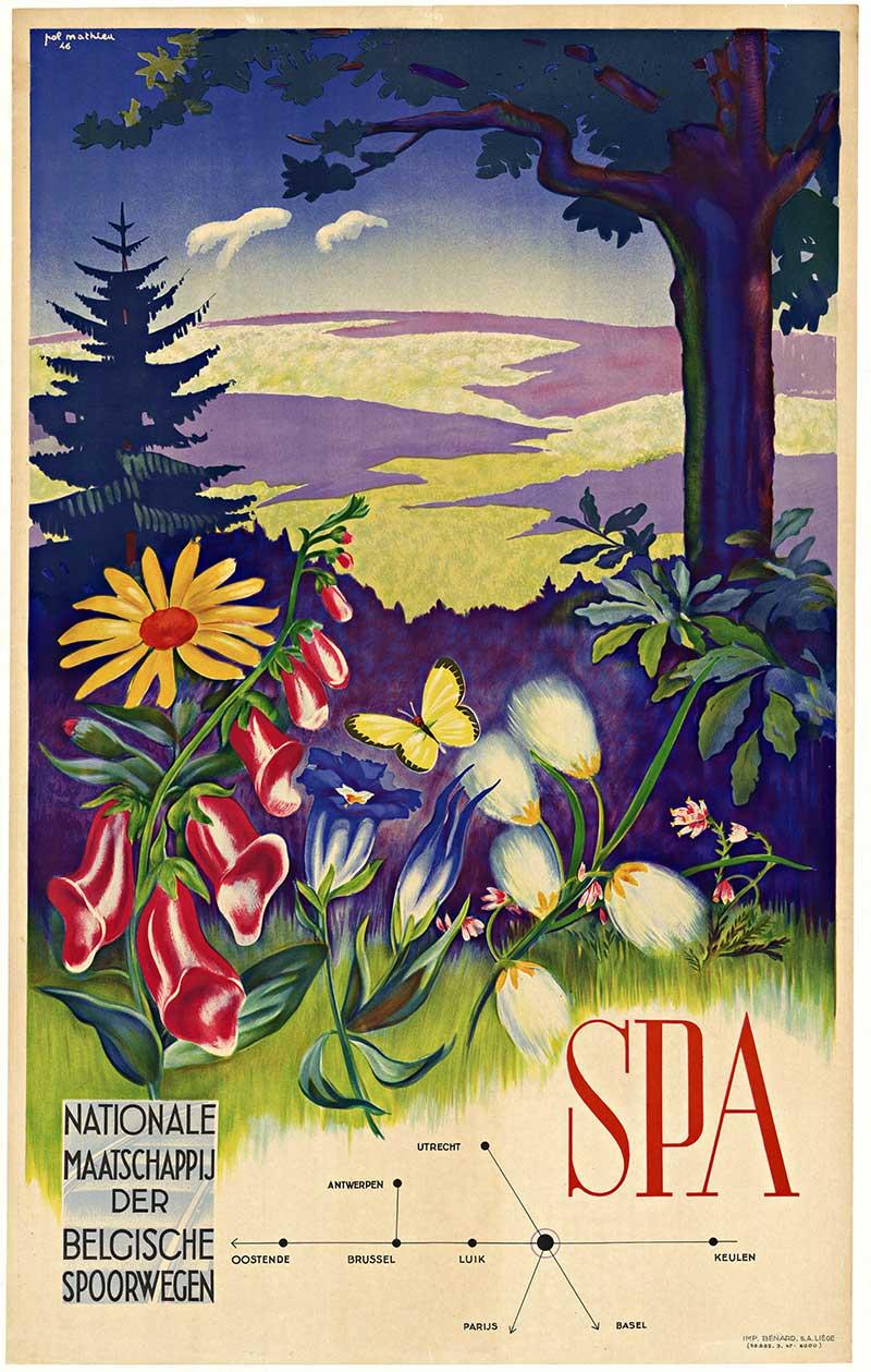 Pol Francois Mathieu Print – SPA Belgium Nationale Maaatschaapij der Belgische Spoorwegen Vintage-Plakat