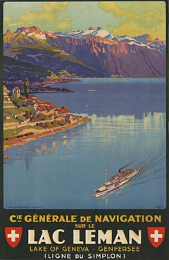 Navigation sur le Lac Léman original Swiss vintage lithograph poster