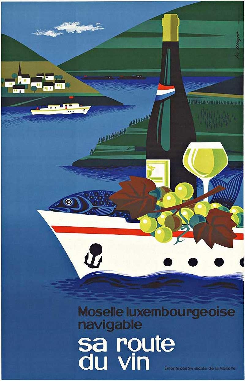 Lex Weyer Landscape Print - Sa Route du Vin, Moselle Luxembourgeoise Navigable original vintage wine poster