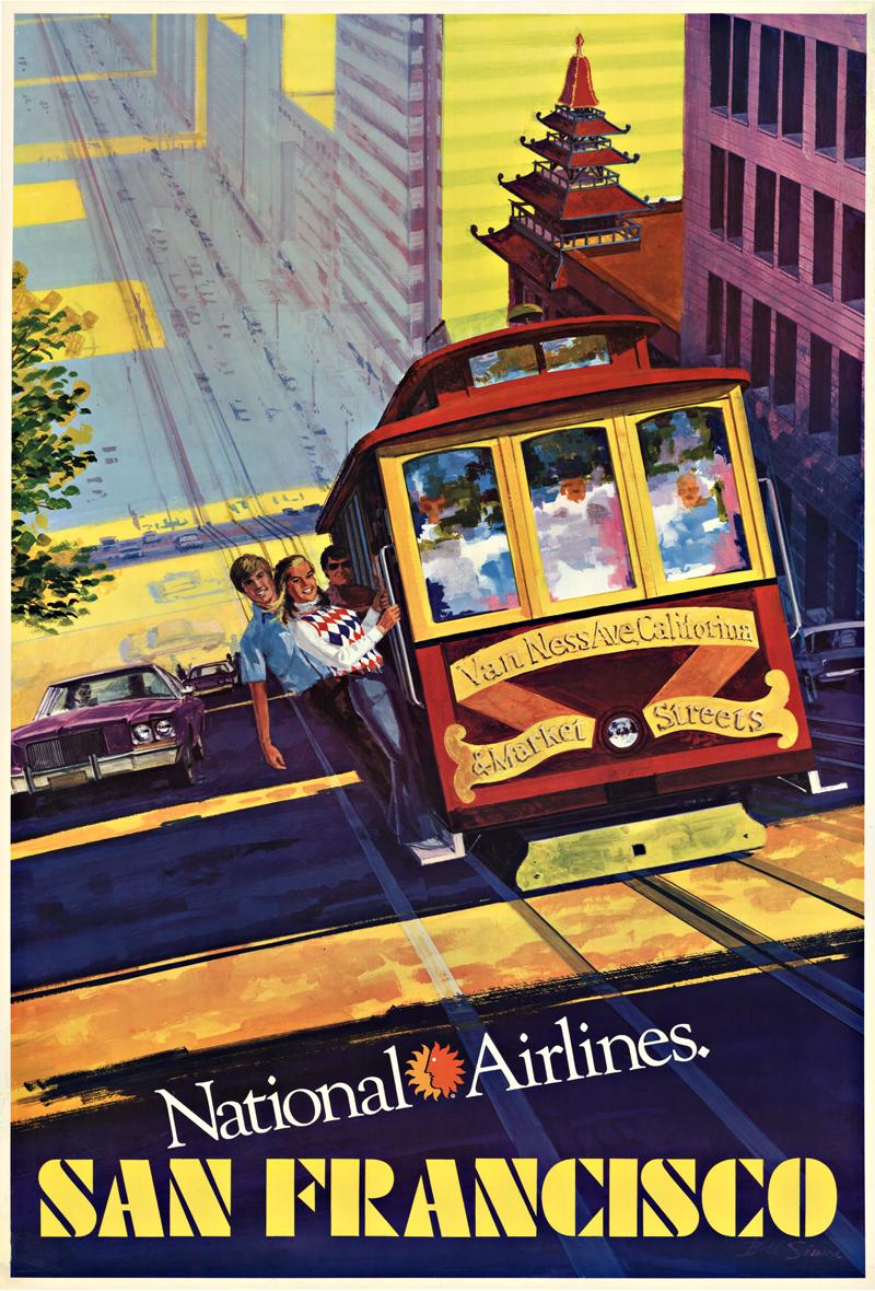 Bill Simon Landscape Print - San Francisco National Airlines original vintage travel poster